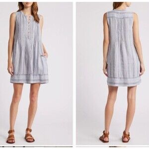 Faherty Isha Basketweave 100% Linen Dress Pockets Pinktuck S Coastal Boho